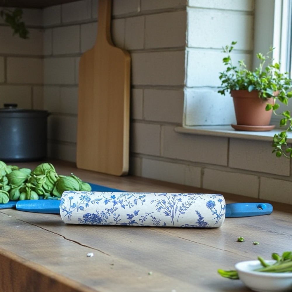 Decorative Ceramic Rolling Pin Blue White Floral Vintage Farmhouse Style 16”